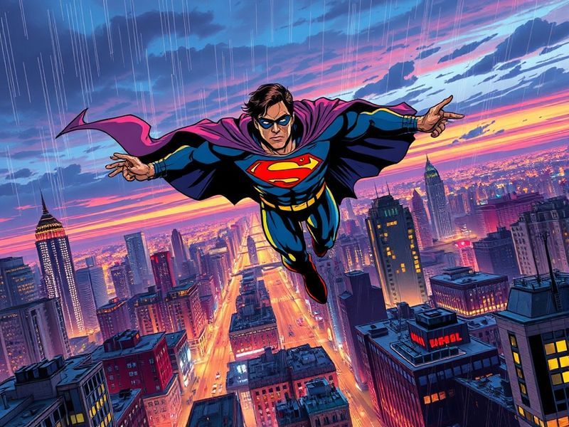 A dynamic illustration of Mark Grayson in his Invincible suit, standing atop a city skyline with the sun setting behind him.