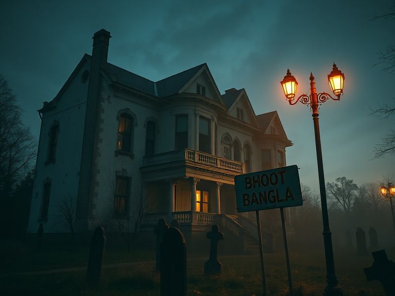 A dimly lit, eerie colonial-era mansion with peeling wallpaper and flickering lanterns. A shadowy figure looms in the backgro