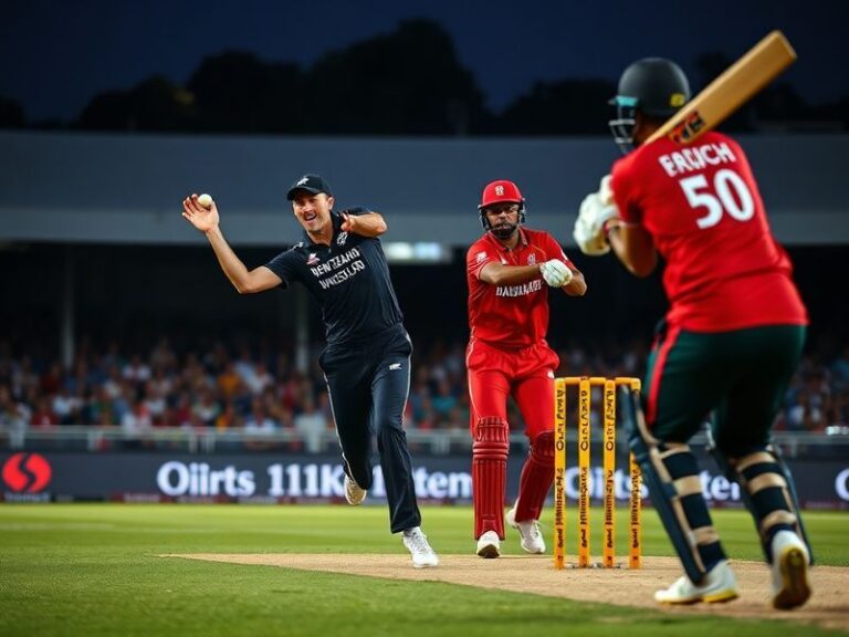 A split-screen image showing a New Zealand batsman playing a defensive shot on one side and a Bangladesh batsman hitting a si