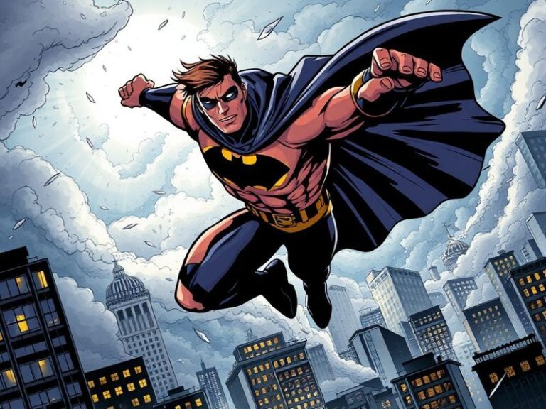 A dynamic comic book cover of Invincible mid-flight, torn cape billowing, against a dark urban skyline at dusk, with a gritty