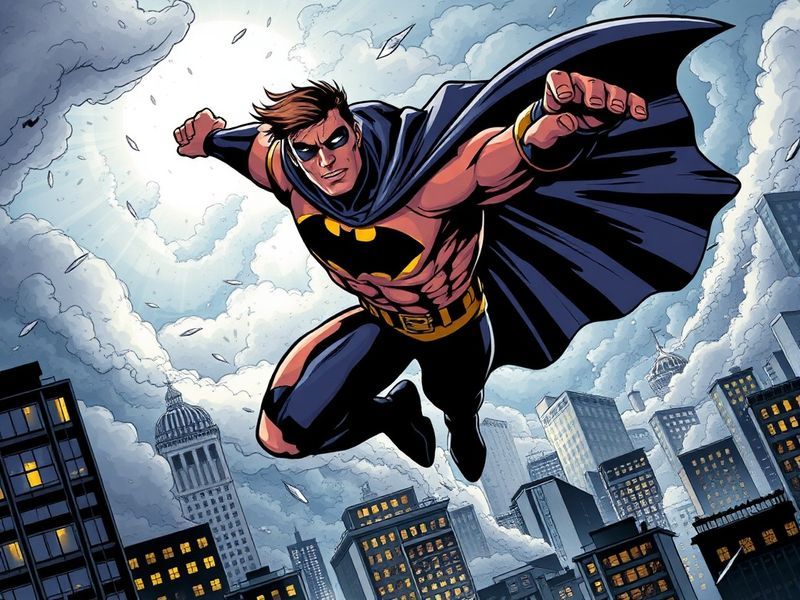 A dynamic comic book cover of Invincible mid-flight, torn cape billowing, against a dark urban skyline at dusk, with a gritty
