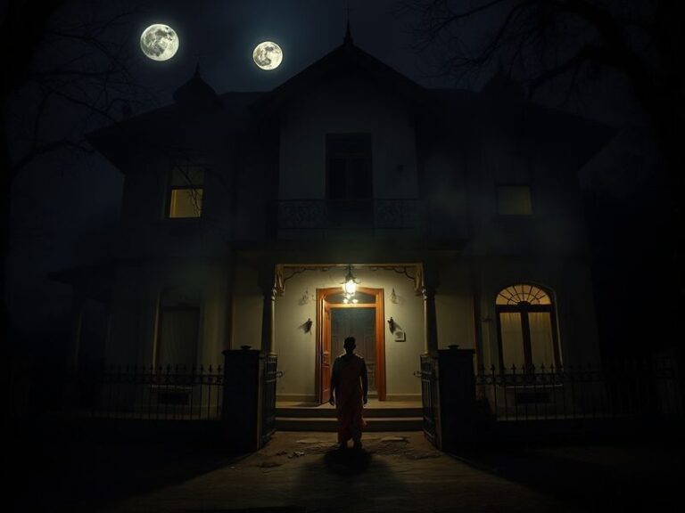 A moody, atmospheric scene of an abandoned colonial-era bungalow in Bengal at dusk, with eerie mist swirling around its veran