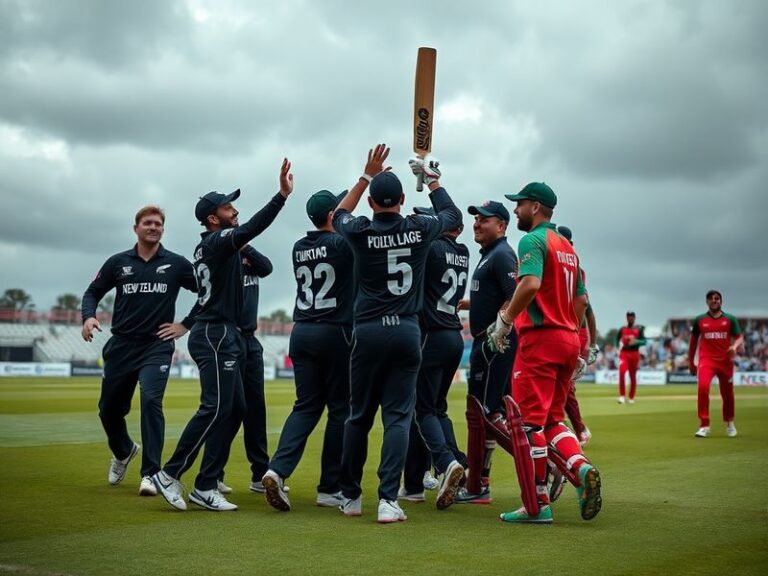A vibrant cricket stadium scene during a New Zealand vs Bangladesh match, showing players in action, fans cheering, and the c