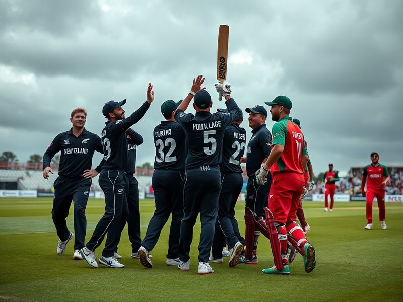 A vibrant cricket stadium scene during a New Zealand vs Bangladesh match, showing players in action, fans cheering, and the c