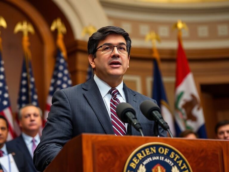 A formal portrait of Xavier Becerra in a suit, standing in front of an American flag with a serious expression, symbolizing h