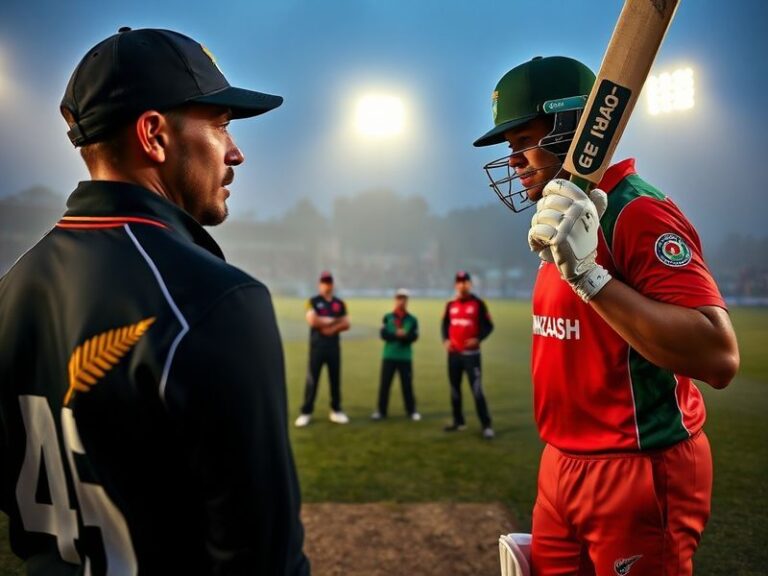 A high-energy cricket match between New Zealand and Bangladesh, featuring players in action under stadium lights. Key visuals