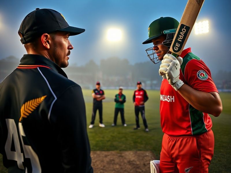 A high-energy cricket match between New Zealand and Bangladesh, featuring players in action under stadium lights. Key visuals