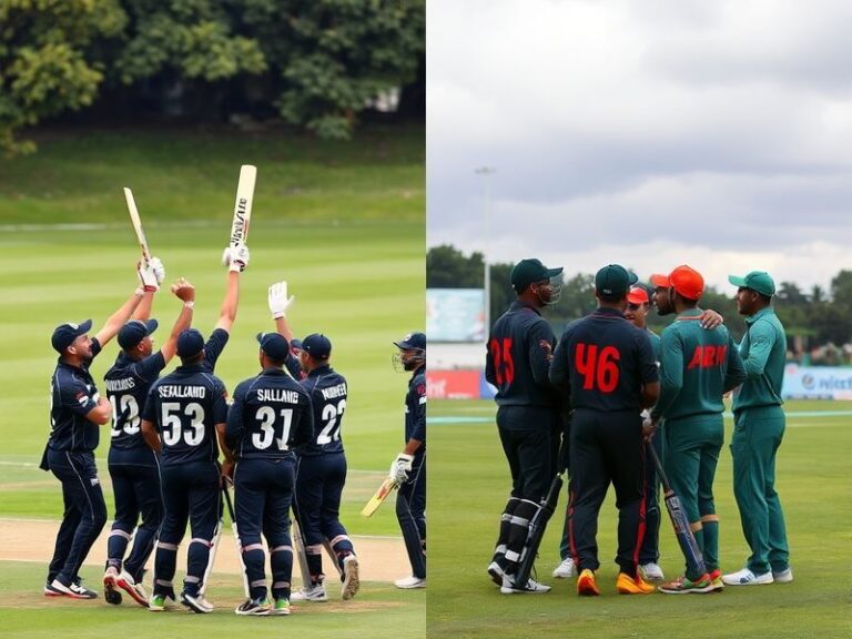 A vibrant cricket stadium filled with fans, featuring players from both New Zealand and Bangladesh shaking hands at the end o