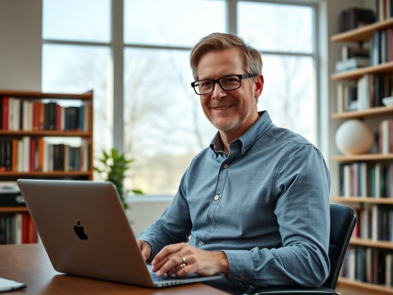 A professional portrait of Reed Hastings in a modern office setting, with a Netflix interface on a large screen in the backgr