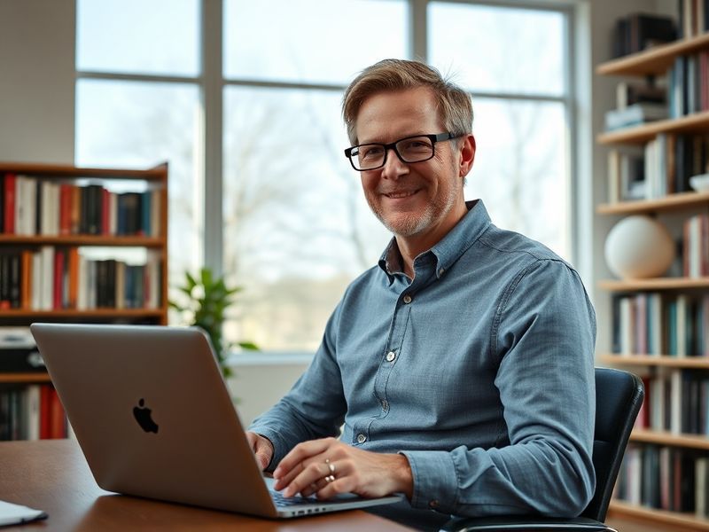 A professional portrait of Reed Hastings in a modern office setting, with a Netflix interface on a large screen in the backgr