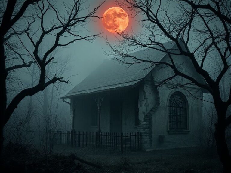 A crumbling two-story Bhoot Bangla in Kolkata at dusk, with jagged windows casting long shadows. The exterior shows peeling p