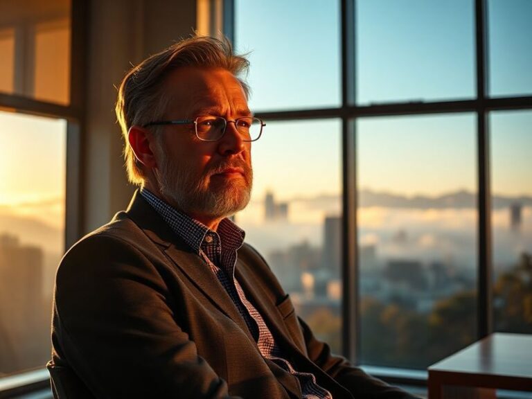 A professional portrait of Reed Hastings in a modern office setting, with a blurred Netflix logo in the background. He is dre