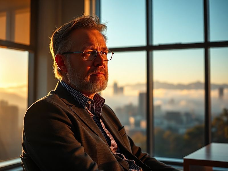 A professional portrait of Reed Hastings in a modern office setting, with a blurred Netflix logo in the background. He is dre