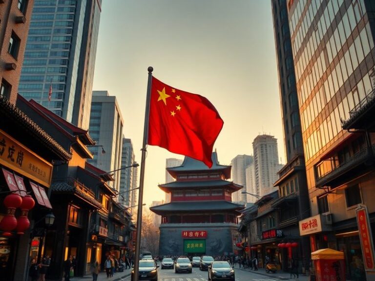 A split-image illustration showing Beijing’s skyline with modern skyscrapers on one side and a semiconductor factory interior