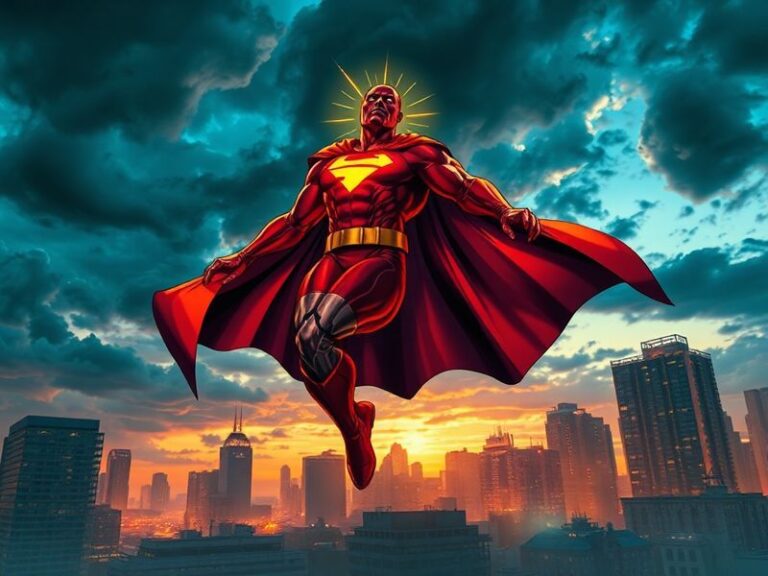 A dynamic illustration of Mark Grayson in his Invincible costume, standing atop a city skyline with a Viltrumite warship in t