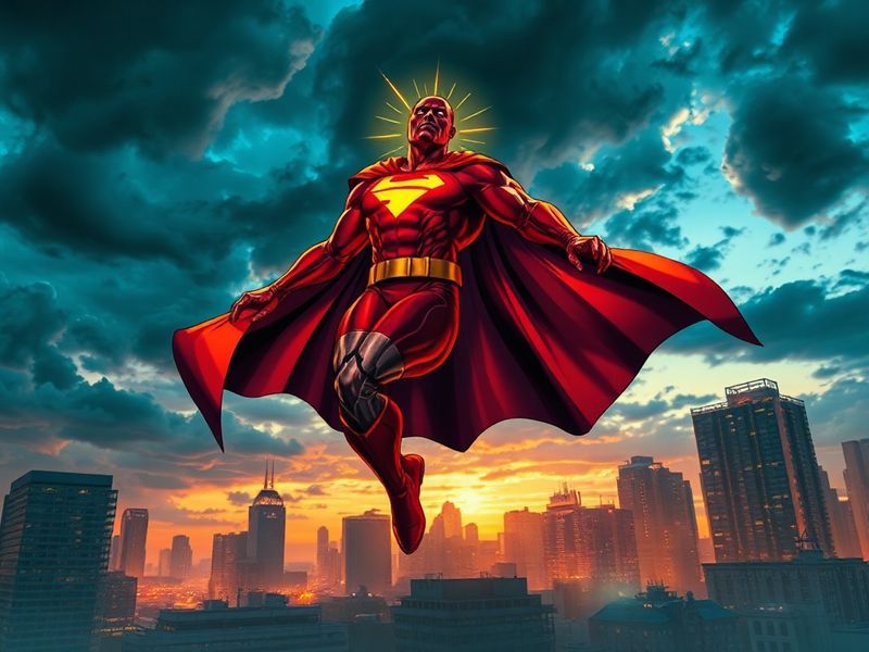 A dynamic illustration of Mark Grayson in his Invincible costume, standing atop a city skyline with a Viltrumite warship in t