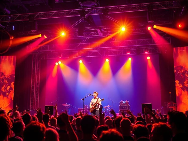 A vibrant concert scene featuring Noah Kahan performing on stage with a guitar, surrounded by an enthusiastic crowd under war