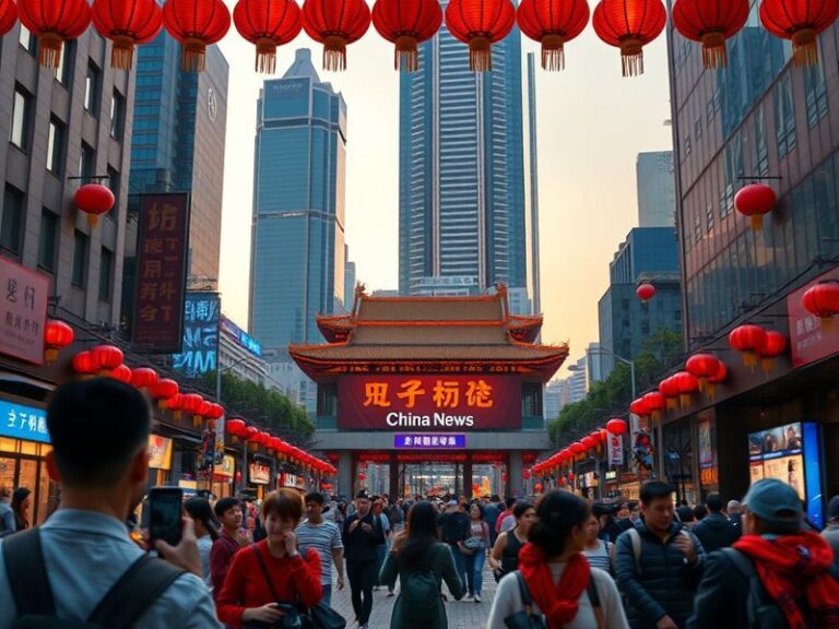 Aerial view of Shanghai’s skyline at dusk, featuring modern skyscrapers and the Huangpu River, symbolizing China’s economic d