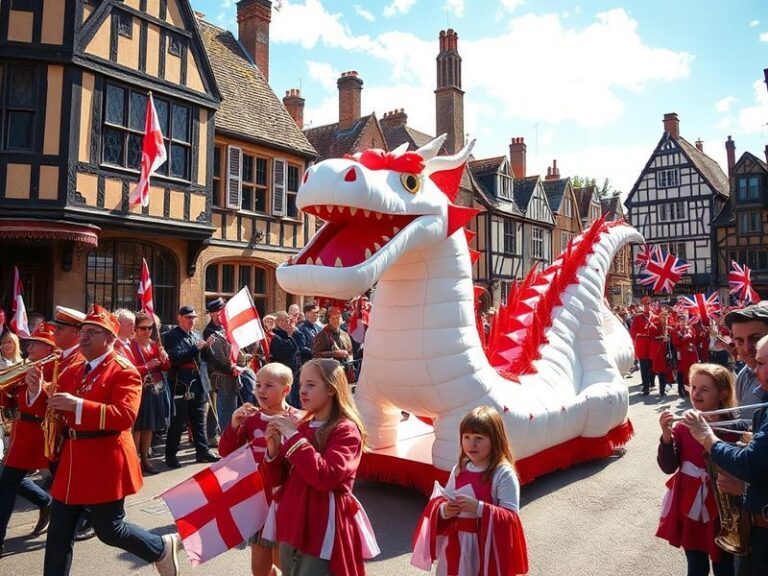 A lively St George’s Day celebration in an English town square, featuring Morris dancers, multicultural elements, and histori