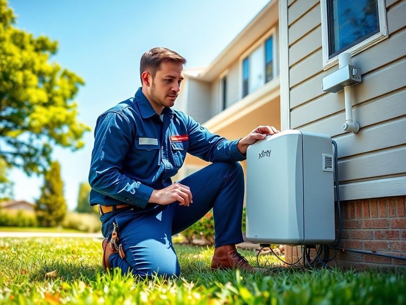 A split-screen image showing a modern suburban home with Xfinity branding on a router and a global map with digital network l