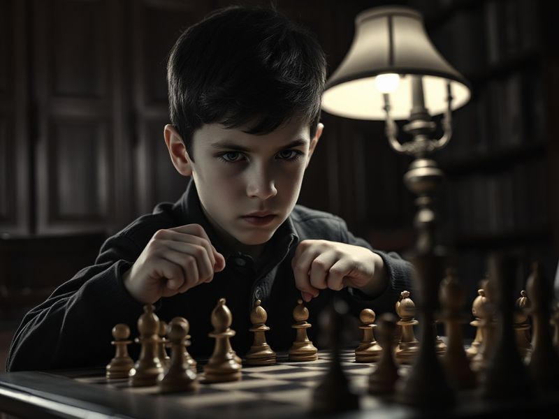 A thoughtful portrait of a young chess player or pianist in quiet concentration, bathed in warm, natural light, symbolizing t