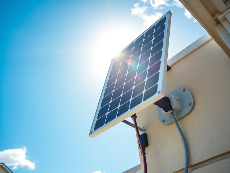 A bright residential backyard with two small plug-in solar panels mounted on a balcony railing, connected by cables to a home