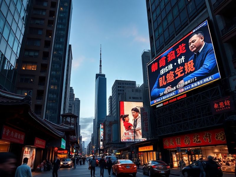 A split-image composition: on the left, a high-tech semiconductor fabrication facility in Shanghai with workers in cleanroom