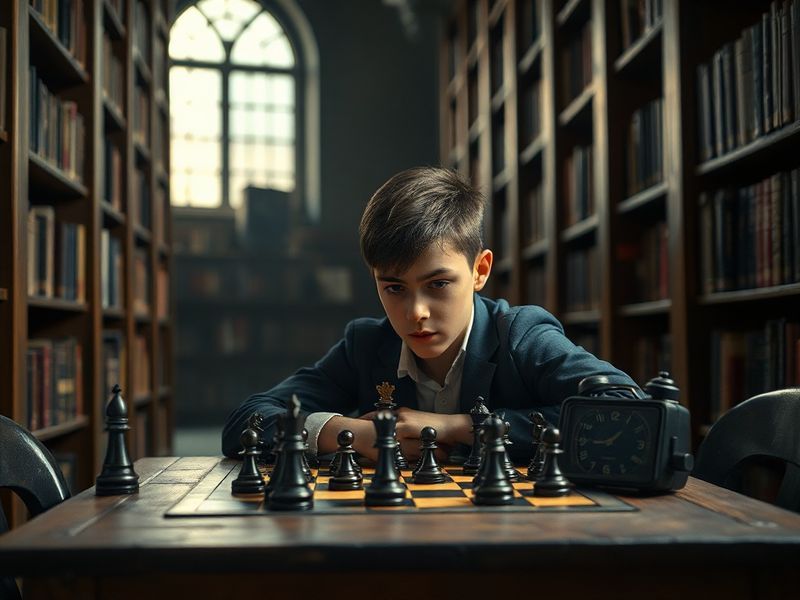 A contemplative young violinist practicing in a sunlit room surrounded by musical instruments, books, and a chessboard, symbo