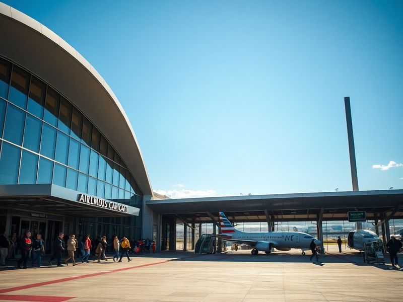 Aerial view of John Glenn Columbus International Airport terminal with planes parked at gates, modern glass architecture, and