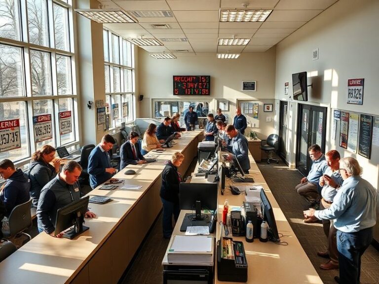 A well-lit Massachusetts RMV branch office with digital screens displaying service options, long service counters with staff