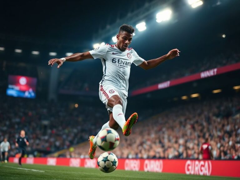 A dynamic action shot of David Alaba in a Real Madrid kit, mid-game, showcasing his technical skill with the ball at his feet