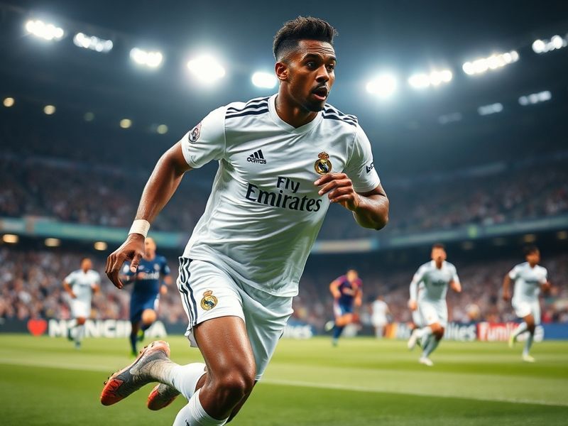 David Alaba in action for Real Madrid, wearing the white home kit, controlling the ball in midfield with a focused expression
