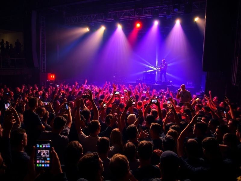 A vibrant concert scene featuring The Courteeners performing on stage at a sold-out UK venue, with fans singing along under w