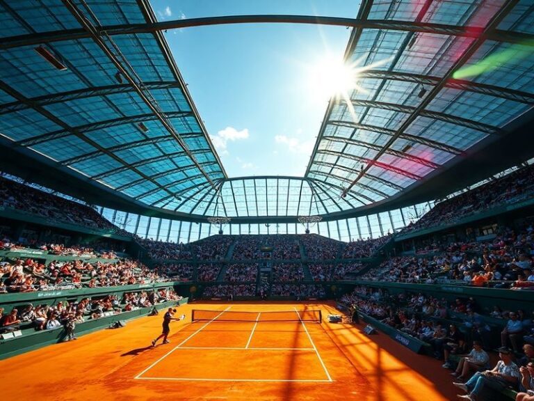 A dynamic shot of Alexander Zverev serving on the clay courts of the Allianz Arena during the 2024 Munich Open, with the pack