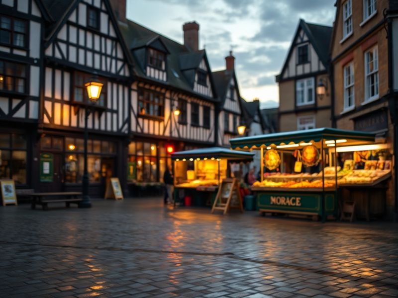A split-image illustration: on the left, a serene view of Chatteris, Cambridgeshire, with historic buildings and a market cro