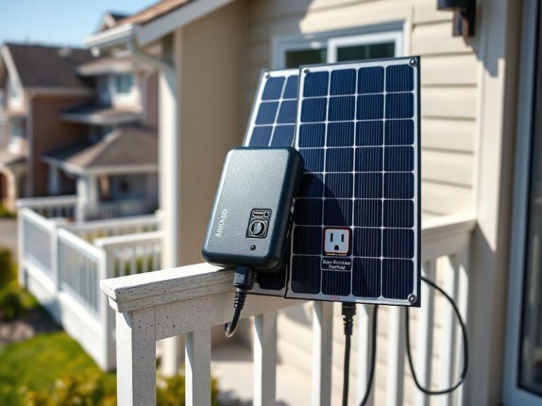 A sleek plug-in solar panel kit mounted on a balcony railing, angled toward the sun with a small battery pack and monitoring