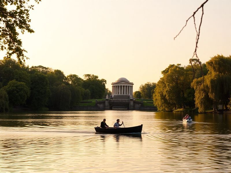 A serene aerial view of Kensington Gardens in late autumn, showcasing the Round Pond, Italian Gardens with ornate fountains,