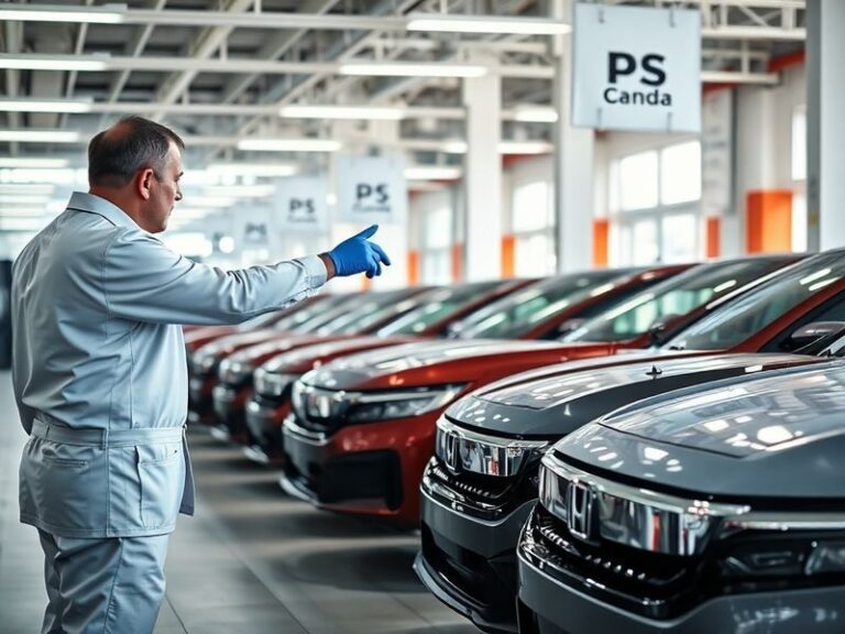 A Honda dealership service bay with technicians inspecting a vehicle’s electronic stability control system. The scene shows a