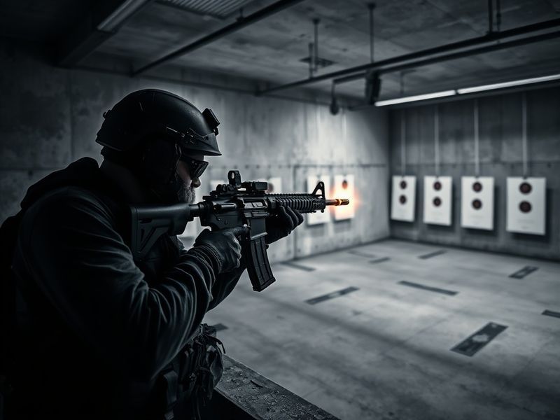 A marksman in mid-action, wearing protective gear, aiming through a high-powered rifle scope at a distant target during an ou