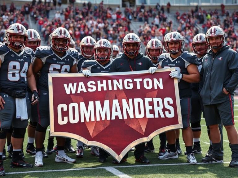 A split-screen image showing the old and new Washington Commanders logos side by side, with the new logo in sharp focus. The