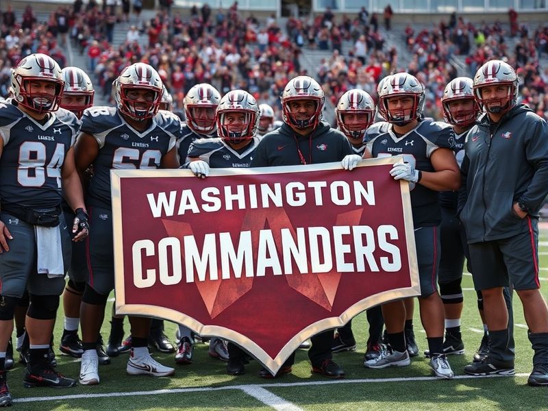 A split-screen image showing the old and new Washington Commanders logos side by side, with the new logo in sharp focus. The
