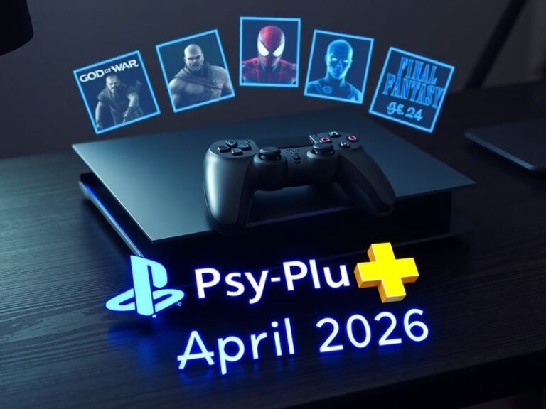A sleek PlayStation 5 console displaying the PS Plus Extra April 2026 game lineup on its screen, surrounded by a mix of AAA t