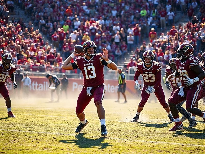 A dynamic action shot of the Washington Commanders in their new navy and gold uniforms, with a blurred FedExField in the back