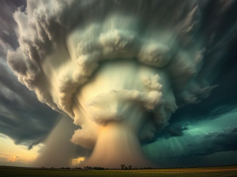 A dramatic scene of dark storm clouds over a Midwestern landscape, with a visible funnel cloud forming in the distance. The s