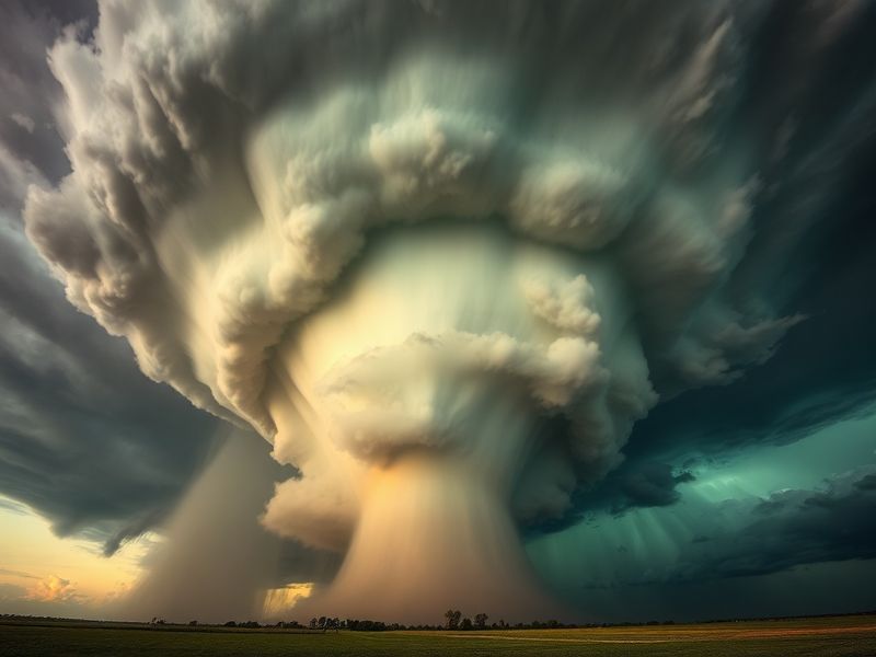 A dramatic scene of dark storm clouds over a Midwestern landscape, with a visible funnel cloud forming in the distance. The s