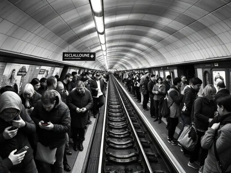 A crowded London Underground platform during a strike, with frustrated commuters waiting for buses and taxis. The scene captu