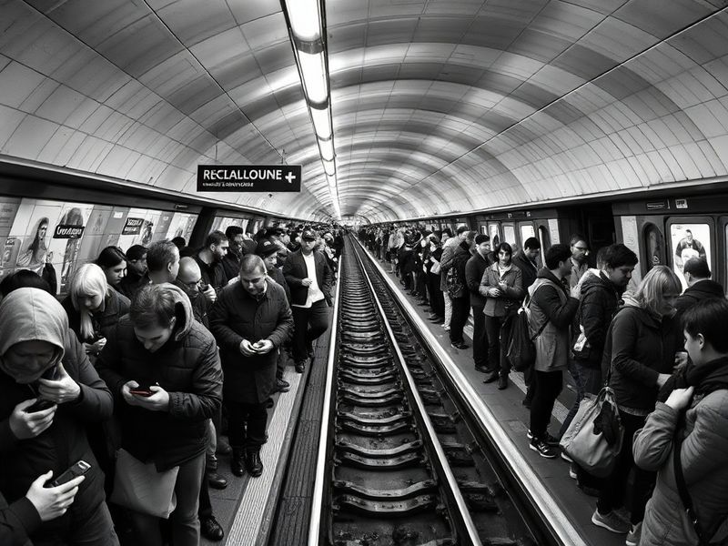 A crowded London Underground platform during a strike, with frustrated commuters waiting for buses and taxis. The scene captu