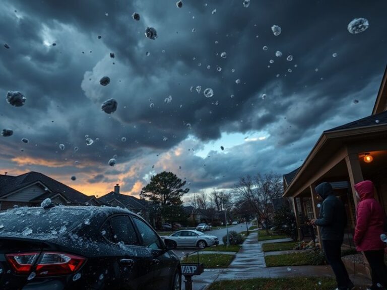 A dramatic scene of a severe thunderstorm dropping large hailstones onto a residential neighborhood, with hailstones visible
