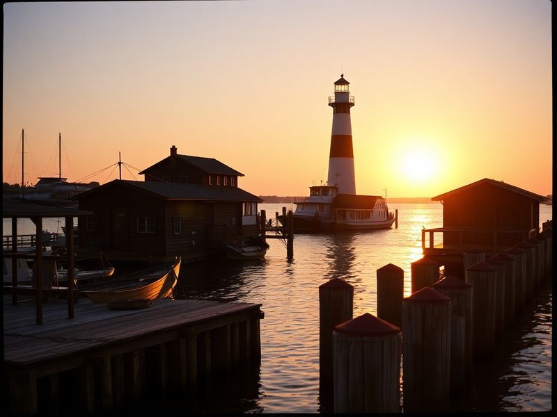 A serene lakeside scene of Cheboygan State Park at sunset, featuring a sandy beach, gentle waves lapping against the shore, a