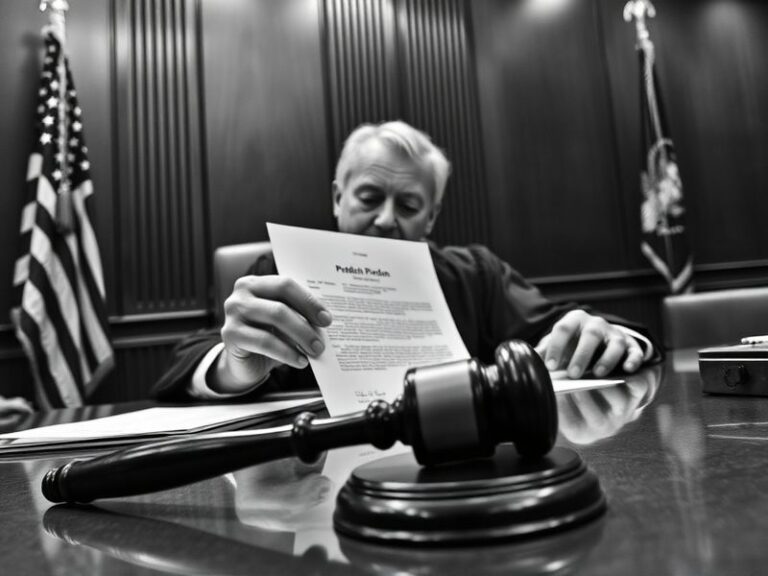 A symbolic courthouse scene at dusk, featuring a large presidential seal on the bench, a gavel resting on a pardon document,